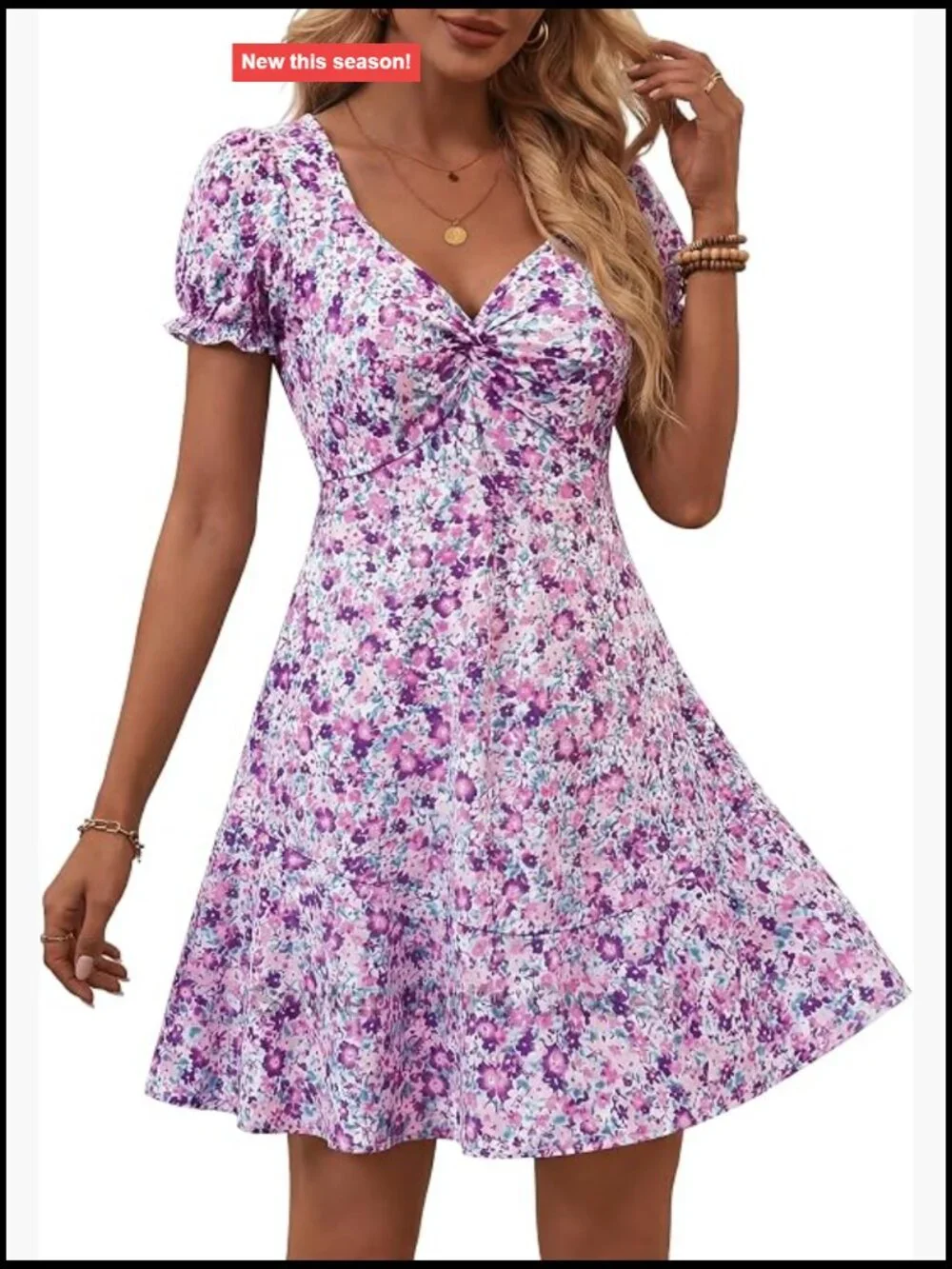 Twist Front Puff Sleeve Mini Sun Dress with Pockets